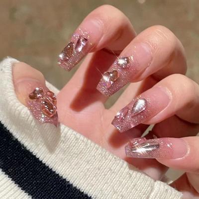 10pcs/set Hand-made Wearable Nails Flashing Aurora Pink Diamonds Manicure False Nails Removable Finished Product Phototherapy Nails
