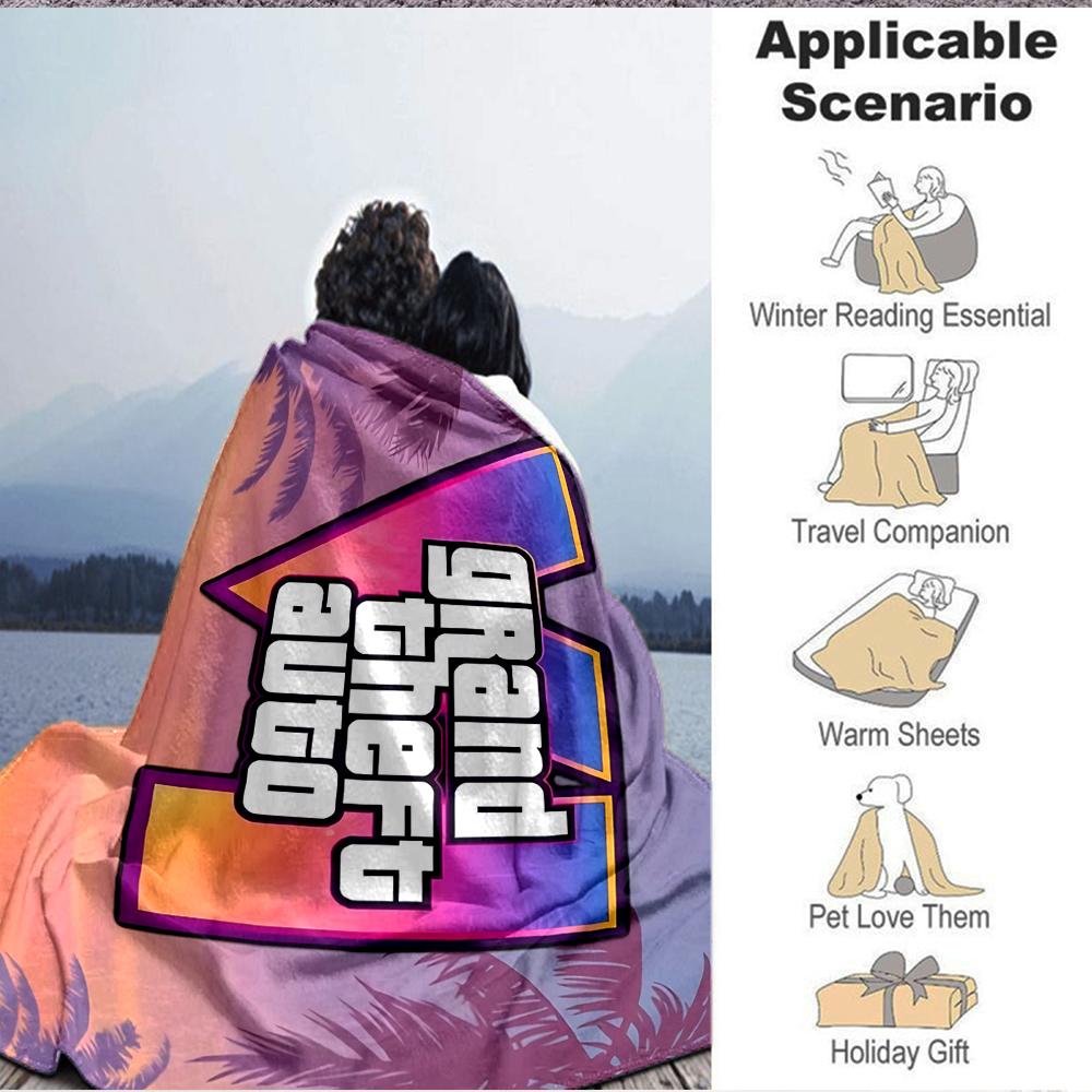 1Pc Grand Theft Auto Vi Logo Flannel Fleece Blanket Soft Warm Throw Blanket for Sofa Bed Couch Home Decor Lightweight Travel Nap Blanket Xmas Gift Q15