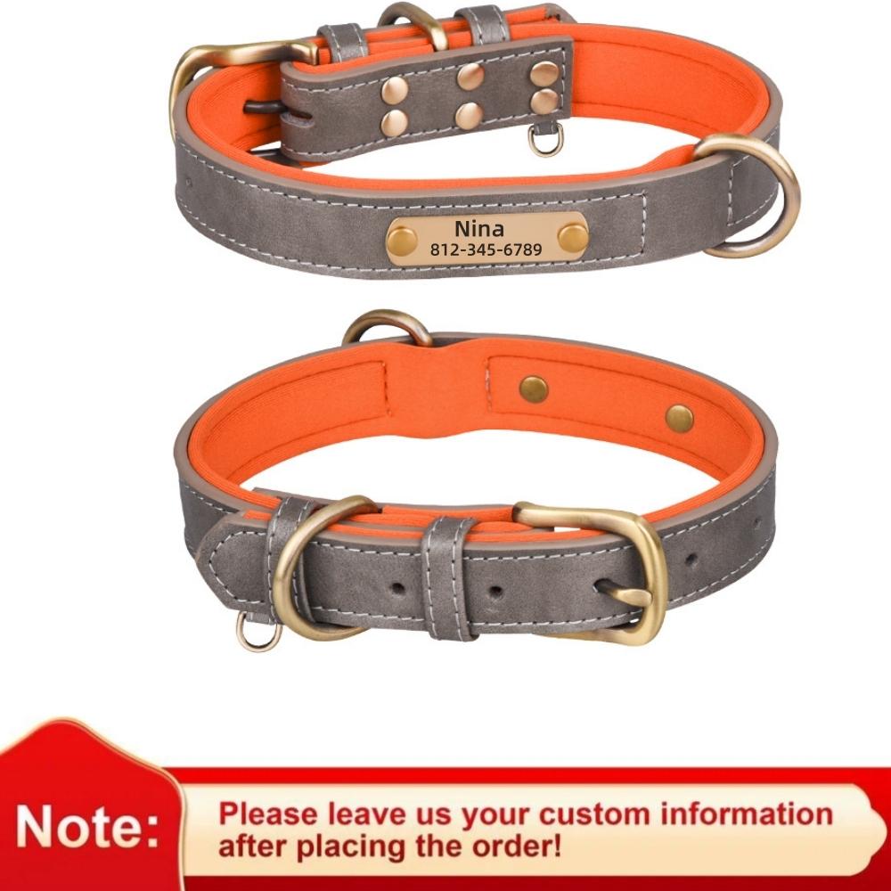 Coleira de Couro Personalizada com Placa de Identificação com Nome para Cães Ajustável Acolchoada Macia Gravação Gratuita Nome para Cães Pequenos Médios Grandes