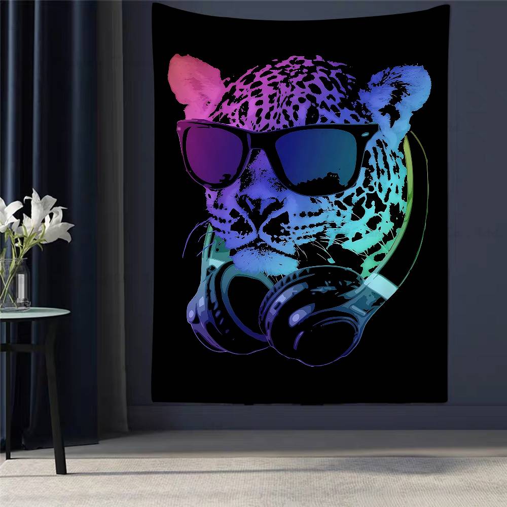 Animal Monkey Cat Dog Headphone Dj Music Printed Large Tapestry Indian Buddha Wall Witchcraft Bohemian Hippie Wall Art Decor 74x94cm(29x37in)