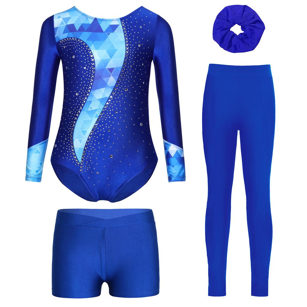 Mädchen Tanz Outfit Langarm Strass Verziert Bedruckt Trikot Shorts Leggings Haargummi Stirnband Gymnastik Auftritt Set