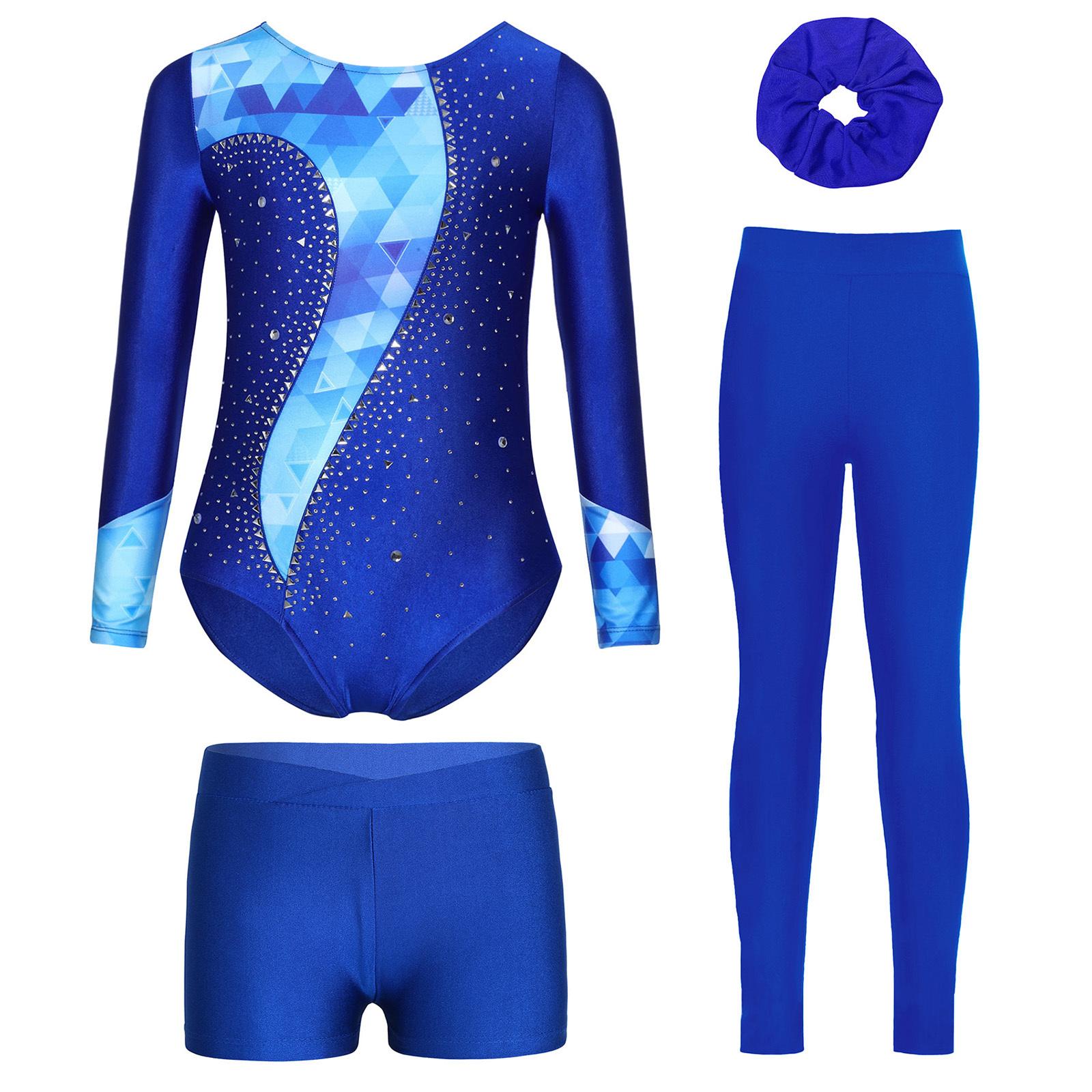 

Girls Rhinestone Leotard Set Long Sleeve Printed Design Shorts Leggings Hair Headband Dance Outfit Gymnastics Wear 5-6 Years