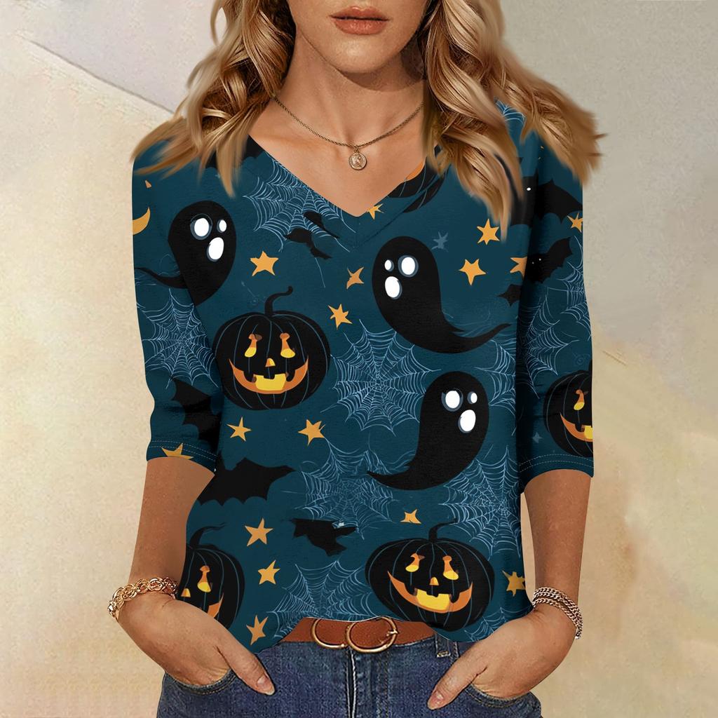 Women's Casual Halloween Print V Neck Top Three Quarter Sleeve Lightweight Blouse for Fall Seasonal Wear