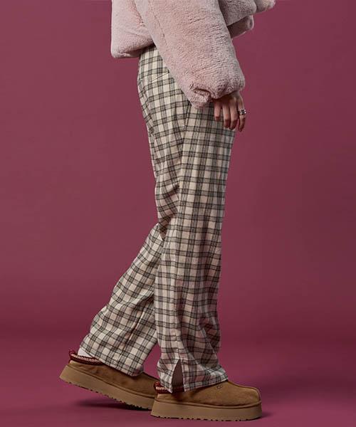 KOLEAT Thick Brushed Check Wide Slacks Elastic Waist Pants [Beige] Autumn/Winter Ver.