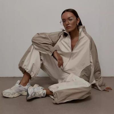 Womens Casual Track Suit Color Block Drawstring Jacket Pants Set Streetwear