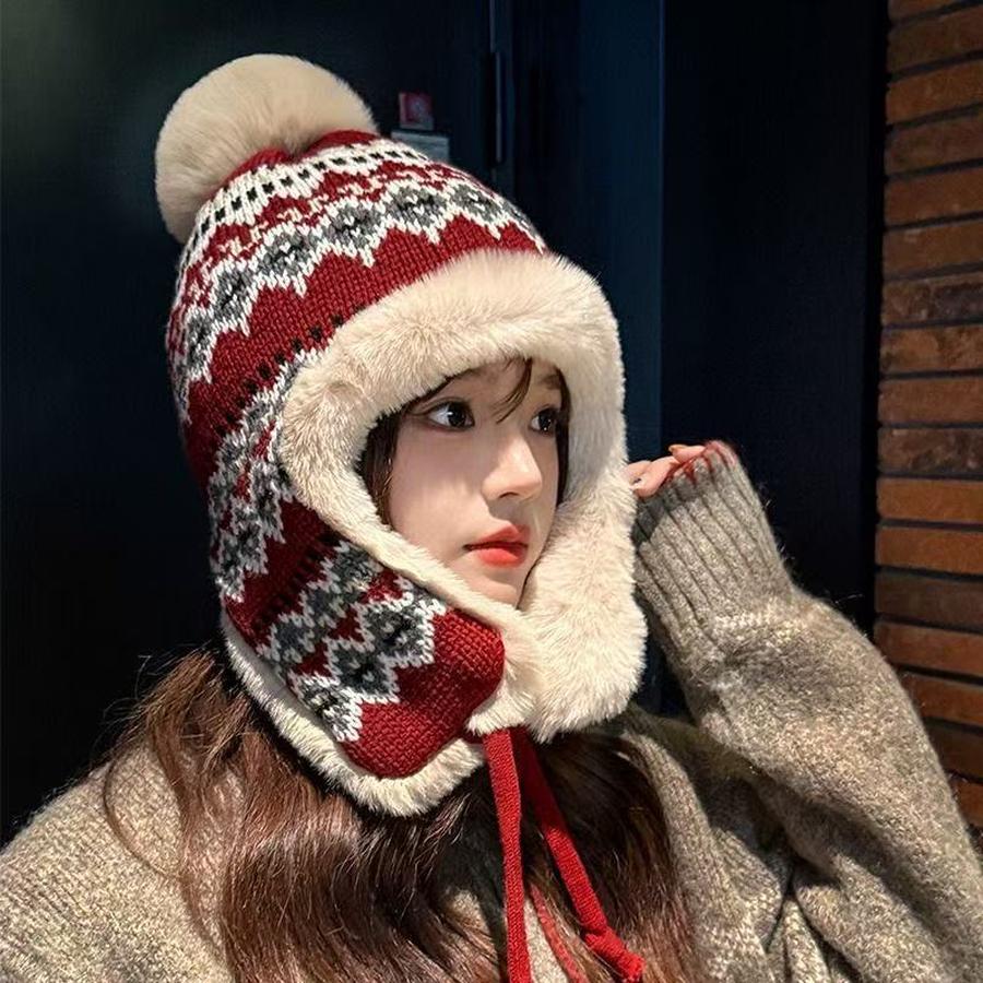 Ethnic Style Hat for Women, Winter Knit Warm Thick Fleece Headwear, Anti-Cold, Thick Fleece, Slim Face, Ear Protection Hat, Iron Hat