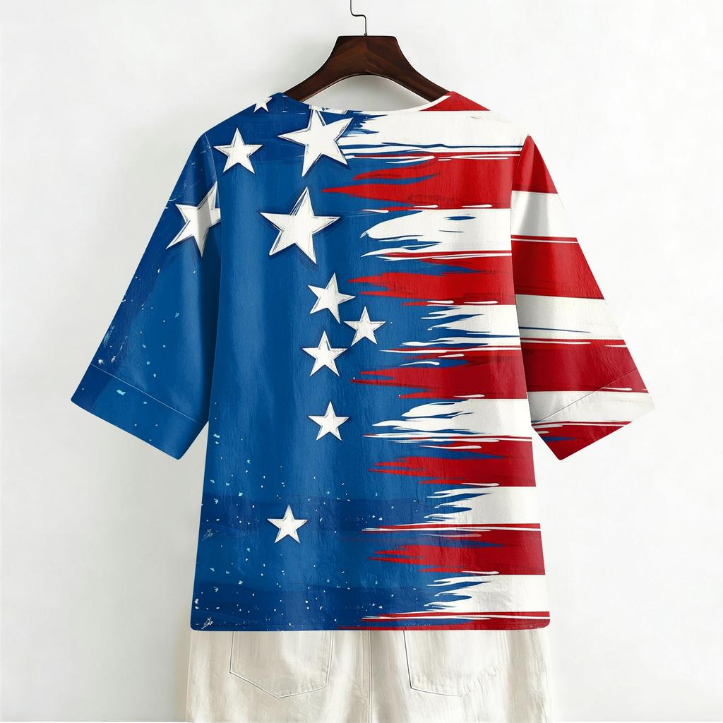 Women's Casual V-Neck Button Three-Quarter Sleeve Fourth of Print Pullover T-Shirt