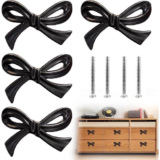 

Black Bow Storage Cabinet Knobs Vintage Bow Shape Drawer Pulls with Screws Bow Tie Dresser Knobs Bow Shaped Drawer Cupboard Pulls Suitable for 4Pcs-Black
