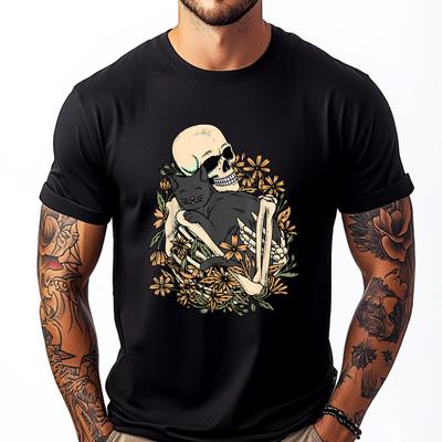 Cute Halloween Skeleton Holding Cat Men Costume Grey Shirt Graphic Tee Streetwear Men Gift Autumn Mens Clothing Deals Gift