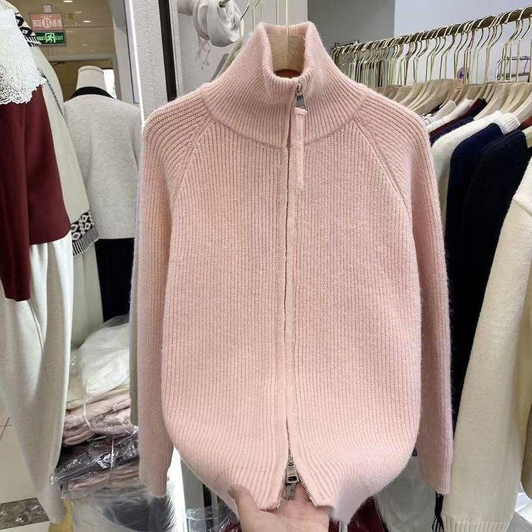Women's High-End Stand-Up Collar Double Zipper Cardigan Jacket - 2024 Autumn/Winter Thick Knit Sweater Style