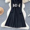 Royal Sister Fan High-end Feeling with Belt Waist Dress Women's Autumn Light and Thin Temperament Drape Print Dress