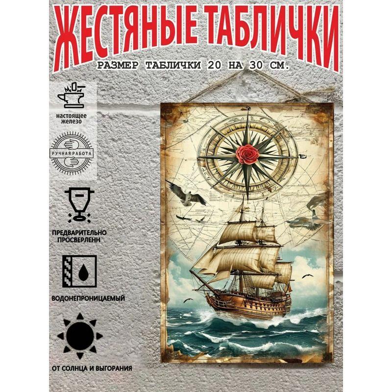 Vintage Sailing Ship Nautical Map Metal Wall Art Decor 20x30cm