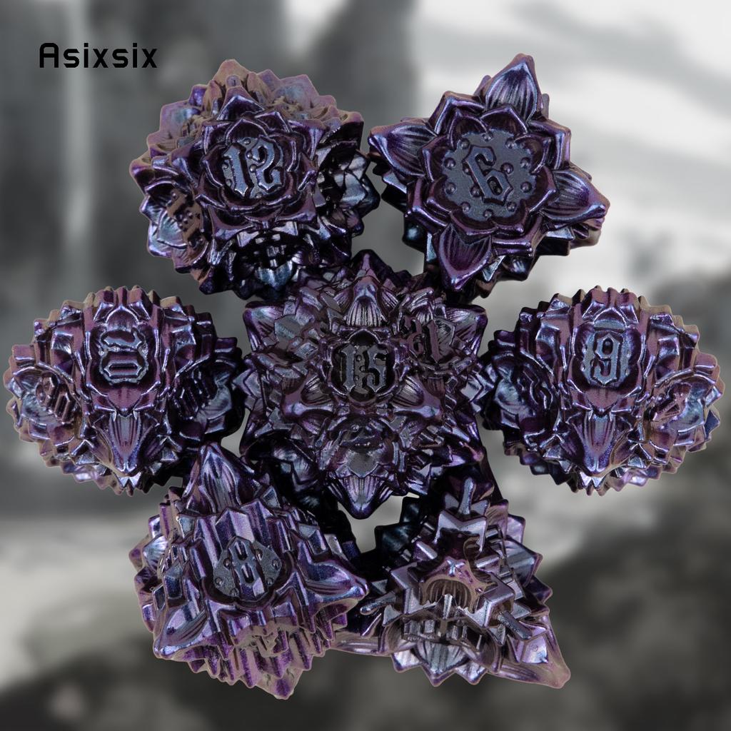 7 Pcs Purple Black Lotus Flower Metal DicePerfect For Rpgs, Board Games, And Card Games.Dice For Games, Dnd Dice Set
