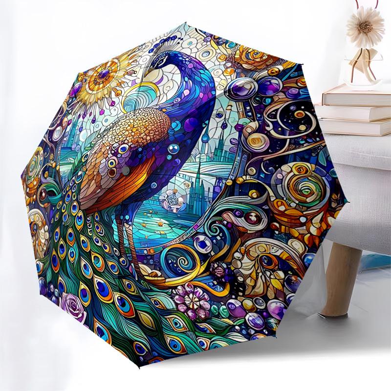 

1pc Automatic Folding Umbrella with Peacock Design - Portable 3-Fold Design, 8-Bone Iron Frame Outdoor Umbrella for Festivals, Travelers, Daily Use, G