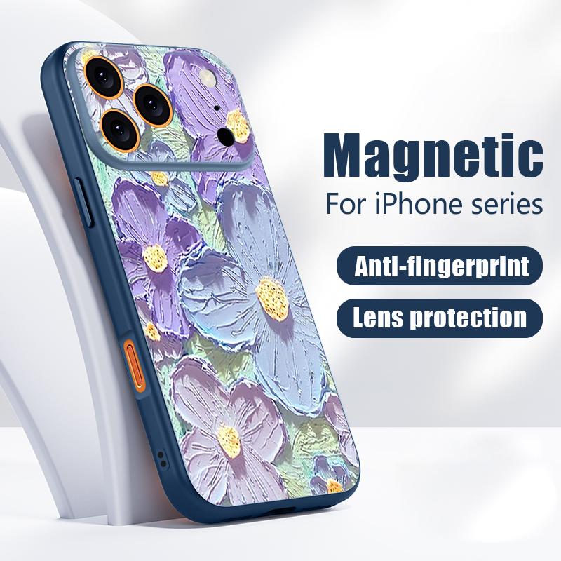 Oil Painting Flowers Pattern Case For iPhone 17 Pro Max Funda iPhone 16 15 14 13 Pro Max Magnetic For Magsafe Hybrid Slim Matte Cover