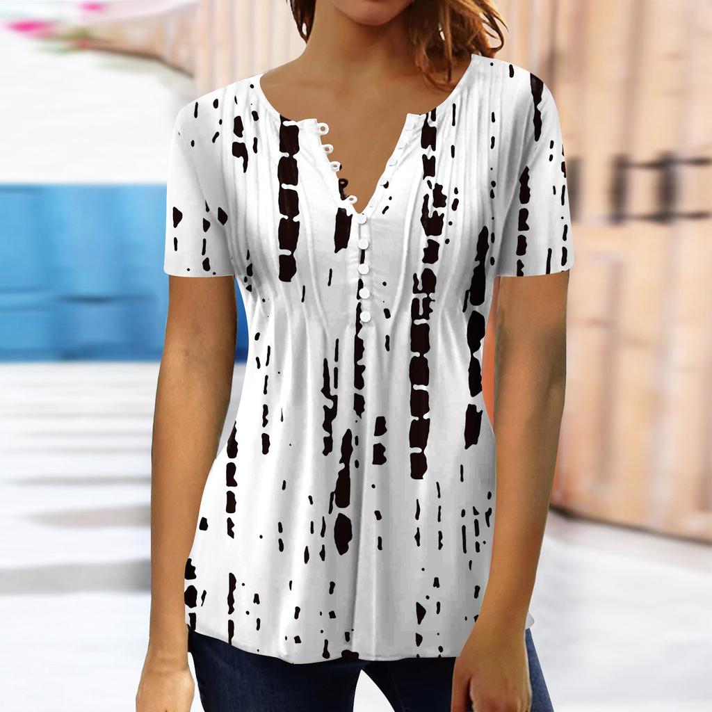Women's Fashion Casual Retro Print Button Round Neck Short Sleeve T-Shirt Top