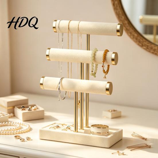 Desktop Jewelry Holder 3 Tier Velvet Organizer, T-shaped for Bracelet, Display Rack Necklaces Rings, & Earrings, Stand with Storage Tray Organizer