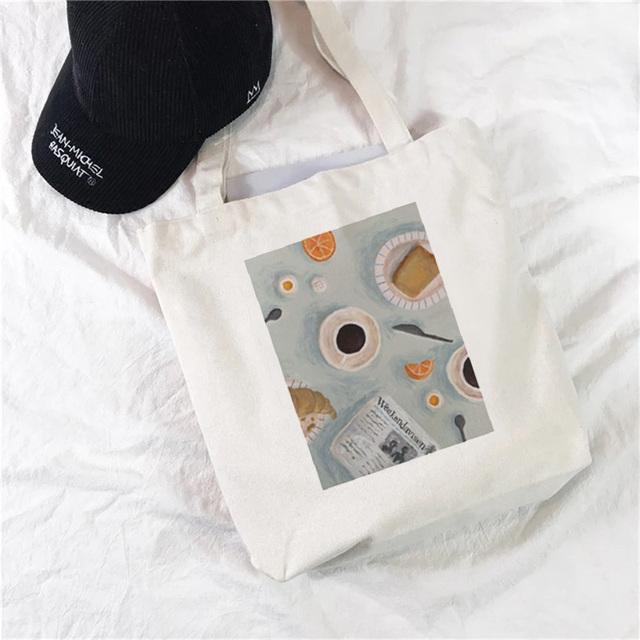 White Simple Shopping Bag Cute Print Kawaii Bag Harajuku Shopping Canvas Shopping Bag Girls Handbag Handbag One Shoulder Ladies