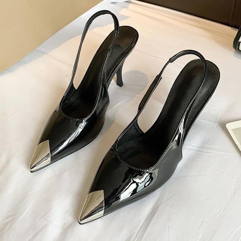 Summer 2025 Gold Leather Footwear High Heels Black Pointed Toe for Office Work Sandals Woman Thin Sexy Women's Shoes F Sandal H