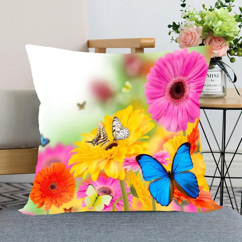 Neuankunft Gerbera Blumenkissenbezug Schlafzimmer Home Office Dekorative Kissenhülle Quadratisch Reißverschluss Kissenbezüge Satin Weich Kein Ausbleichen