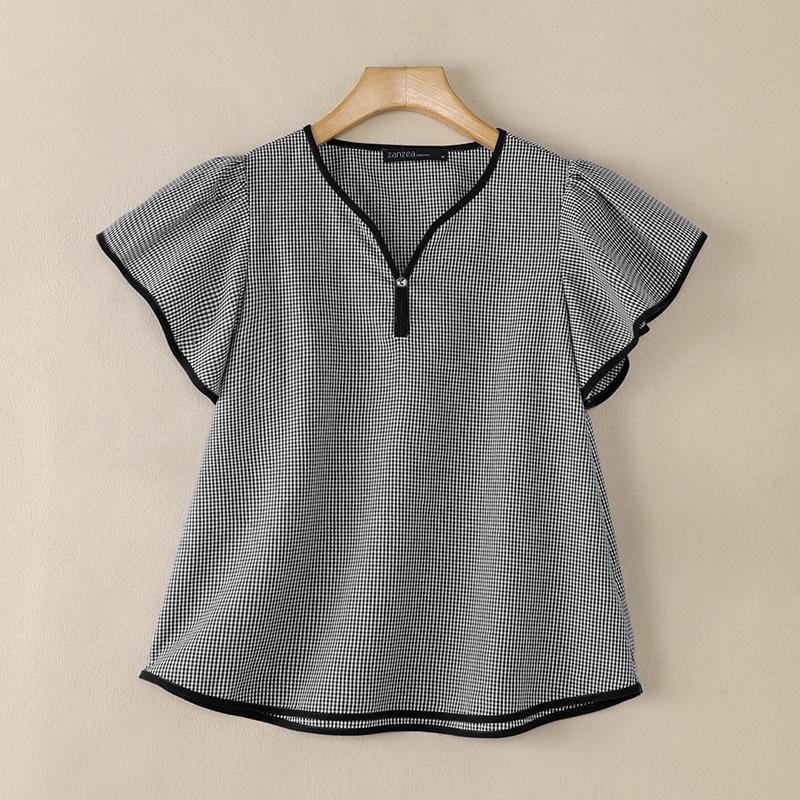 

ZANZEA Women Casual V-Neck Short Sleeve Loose Grid Print Blouse 5XL чорний