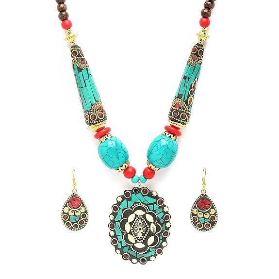 Fashion Latest Stylish Traditional Tibetan Pendant Necklace Jewellery Set for Women