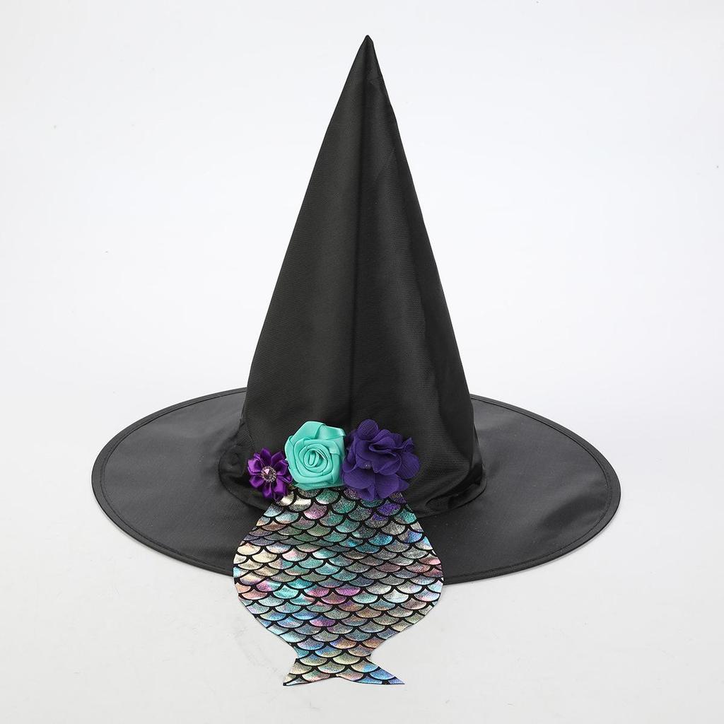 European & American Halloween Lace-up Witch Hat - Black Oxford Cloth Pointed Wide-Brim