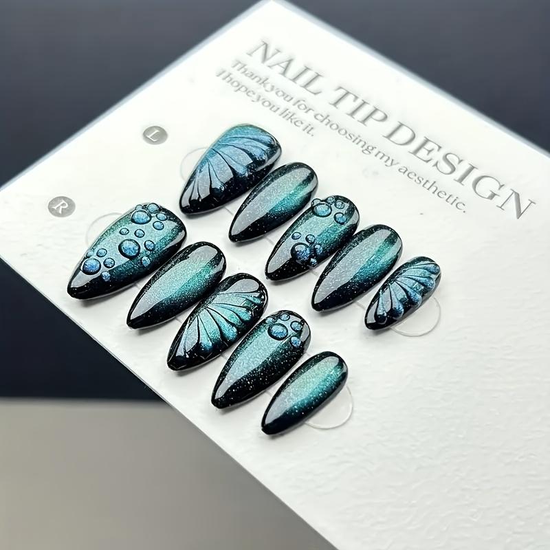 10Pcs Dark Green Cat Eye Butterfly Handmade Fake Nails Dark Almond Shape Nail Art Decorative Patches