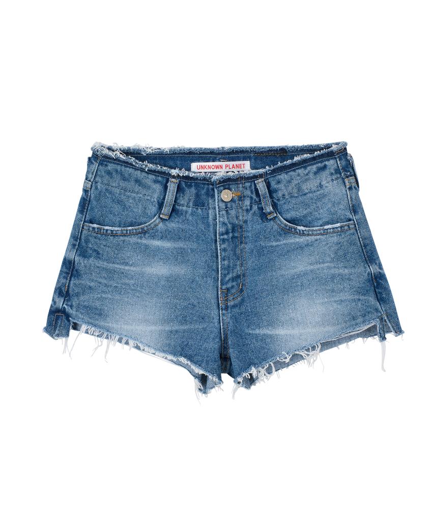 UNKNOWN PLANET Micro Low Waist Mini Denim Shorts Blue