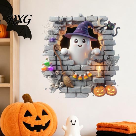 Bat Wall Stickers for Halloween Stickers, 3D Broken Effect with Ghost Skeleton Pumpkin Decals, Self-Adhesive Waterproof Decor Mural Living Room