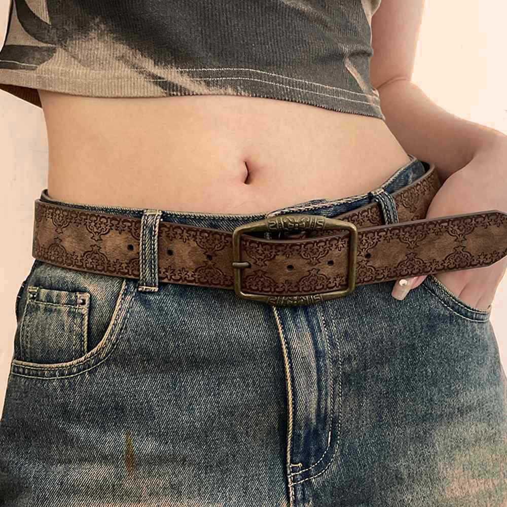 Women's High-End Retro Embossed Brown Leather Belt - Alloy Buckle, Ethnic American Y2K Style