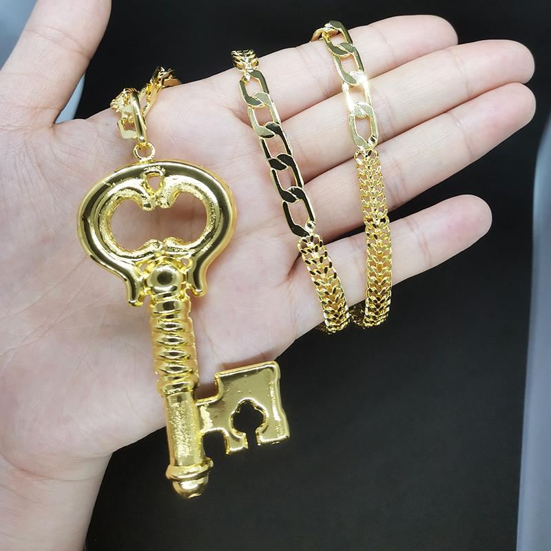 Pendant For Women Key Pattern Big Size With Chains Necklace 24K Gold Plated Fashion Zircon Accessory High Quality Copper Gift