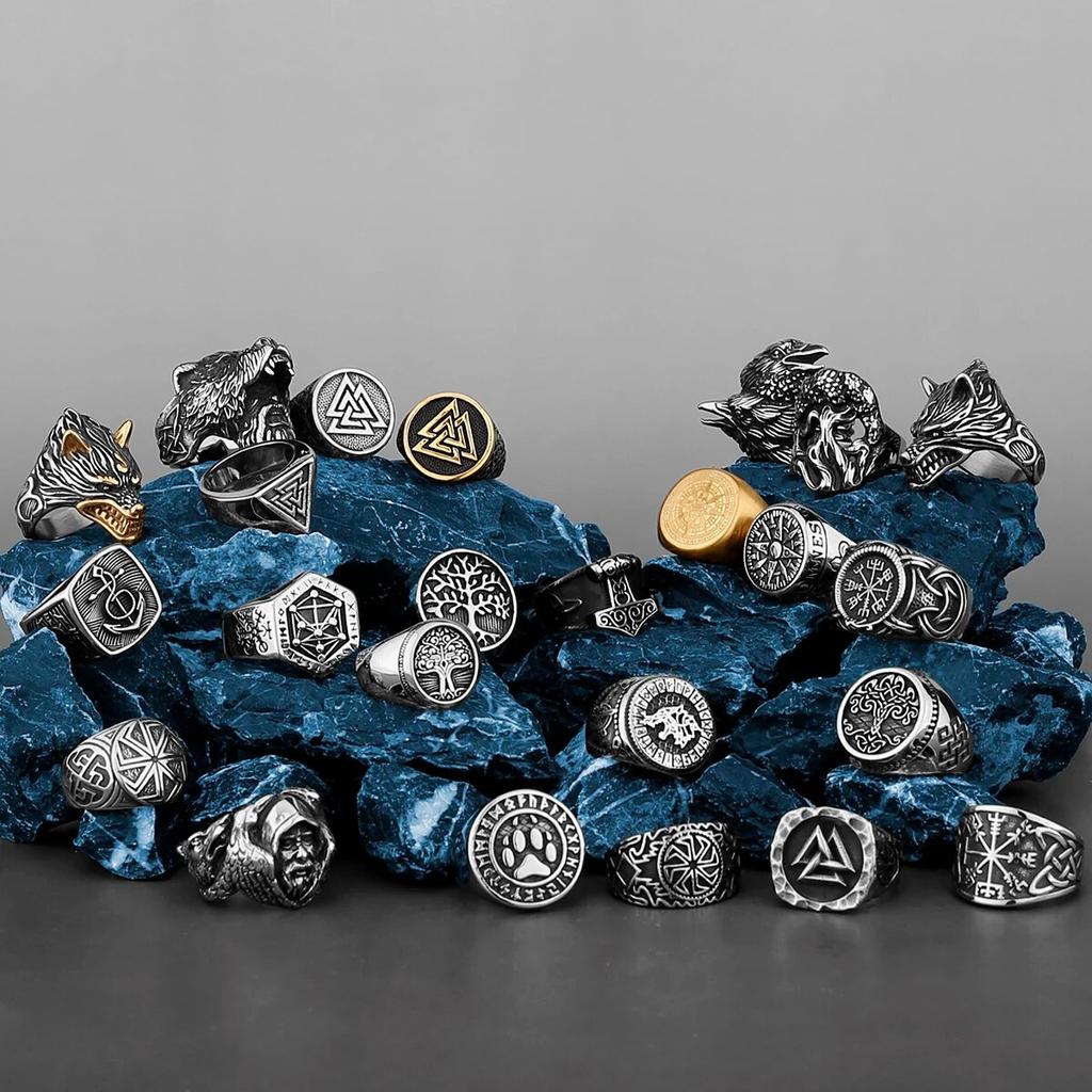 Nordic Viking Stainless Steel Ring Anchor Compass Tree of Life Rune Amulet Wolf Men Women Finger Jewelry Biker Party Club Gift