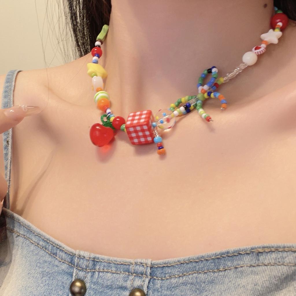 Retro Beaded Jewelry for Women Necklace/Bracelet with Colorful Apples and Star Charm Butterfly Bows Pendant Jewelry