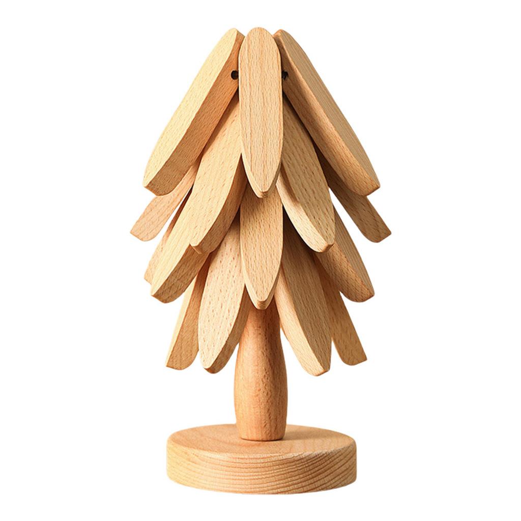 4pcs Christmas Tree Coaster Set Anti-scald Walnut Wood Tree Trivet Set Tree-shaped Foldable Kitchen Wooden Trivet for Desk Decor