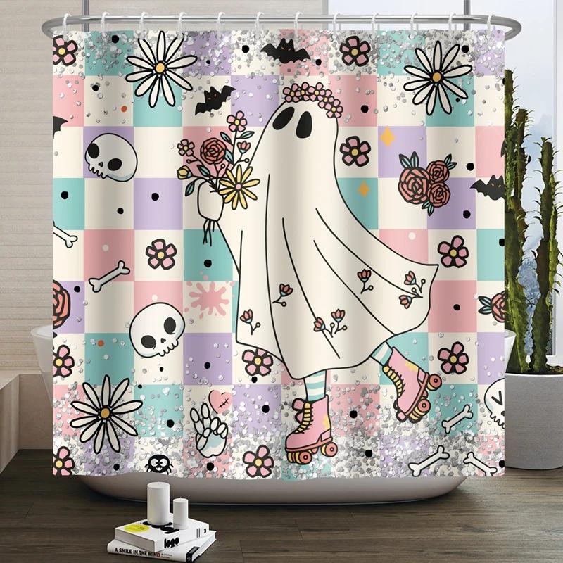 Floral Skull Shower Curtain Mushroom Gothic Halloween Bathroom Decor Curtain Skeleton Butterfly Vintage Artwork Bathtub Curtain
