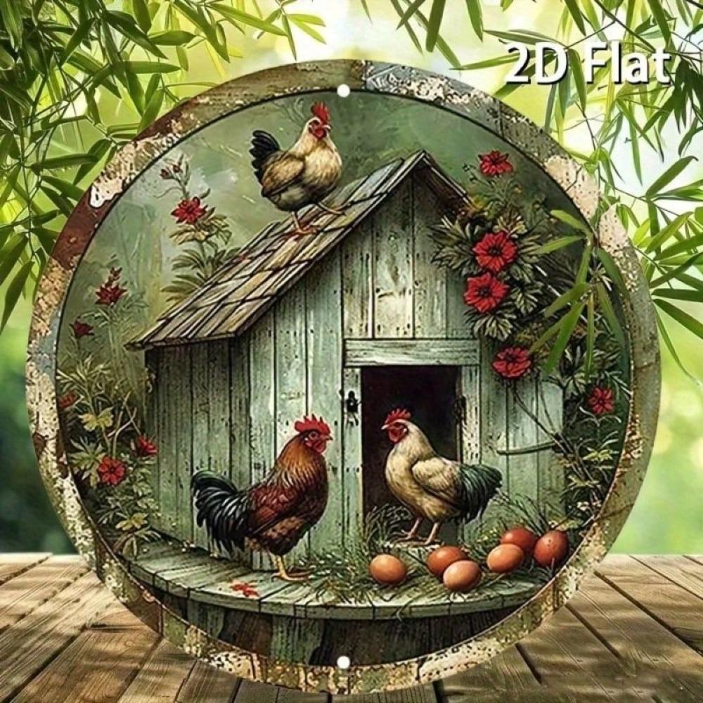 Vintage Metal Rooster Wall Art Round Tin Sign 20cm Rustic Farmhouse Decor for Kitchen Bar Cafe