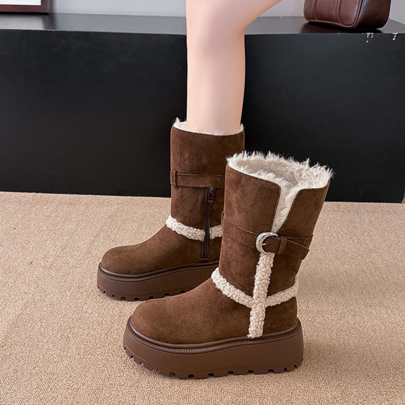 Two wear foldable warm snow boots for women 2025 winter new velvet thickened muffin belt buckle high cotton shoes