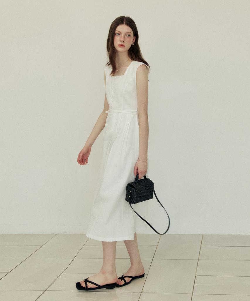 Adowl Classic Pintuck Line Ribbon Long Dress - White