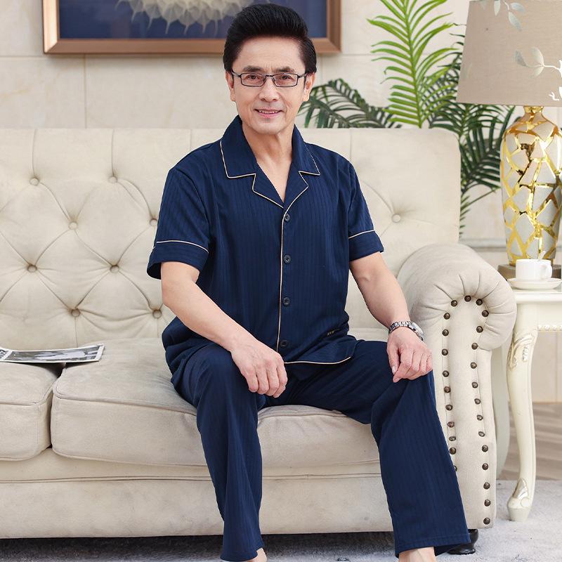 2023 Summer Cotton Short-Sleeve Cardigan Pajama Set for Middle-Aged Men