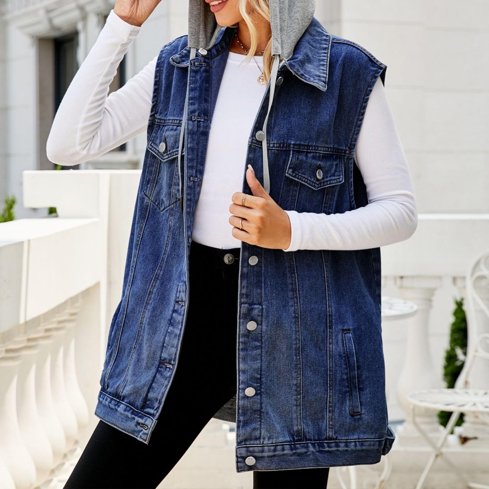 

Женская повседневная свободная винтажная джинсовая жилетка с капюшоном XL темно-синий