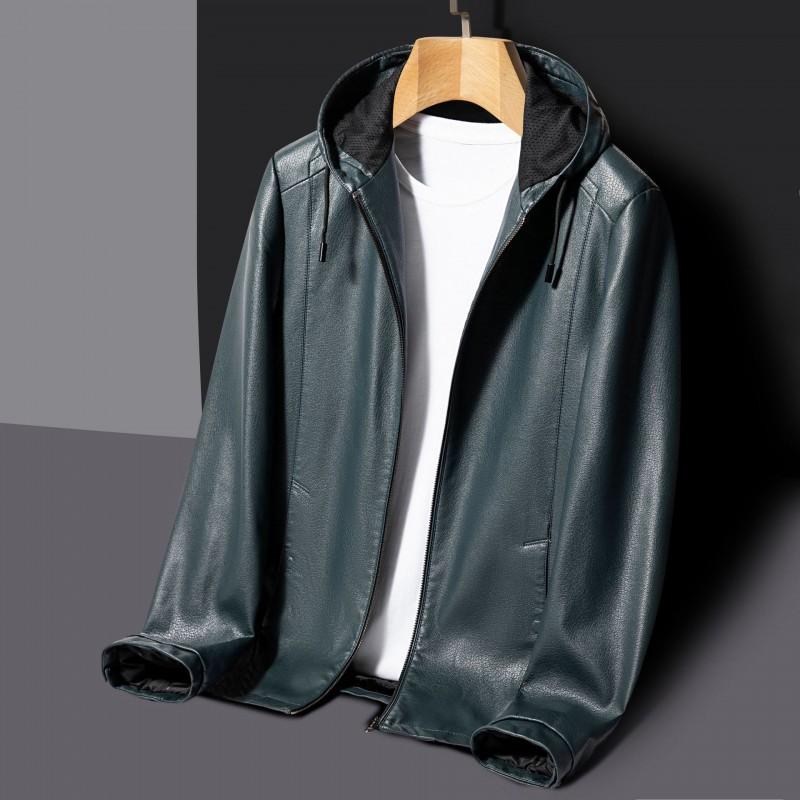 Mens Genuine Lamb Leather Hooded Jacket Casual Fit Slim Style With Detachable Hood Contrast Stitching