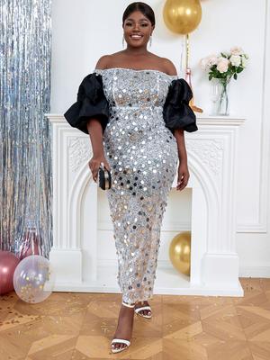 Plus Size Evening Dresses for Women African Wedding Party Long Luxury Sequin Bare Shoulder Gown Bodycon Slit Cocktail Night Out Outfit