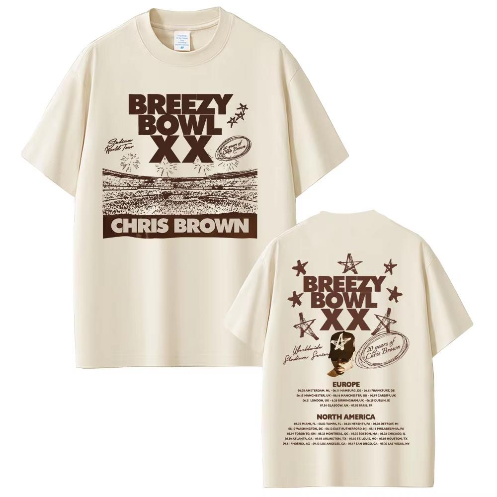 Vintage Washed Chris Brown Breezy Bowl XX Tour 2025 R&B Pop Graphic T-shirt Men Women Printed Tee Summer Casual Fashion Clothing Tops Streetwear