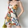 Dress Woman Summer Print Floral Spaghetti Strap Fashion Off Shoulder Beach Holiday Sundress Sweet A-Line Mesh Fabric Tide