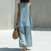 Completo Due Pezzi da Donna con Tunica Senza Maniche, Girocollo e Pantaloni a Gamba Larga, Leggero, Casual, per Estate e Primavera