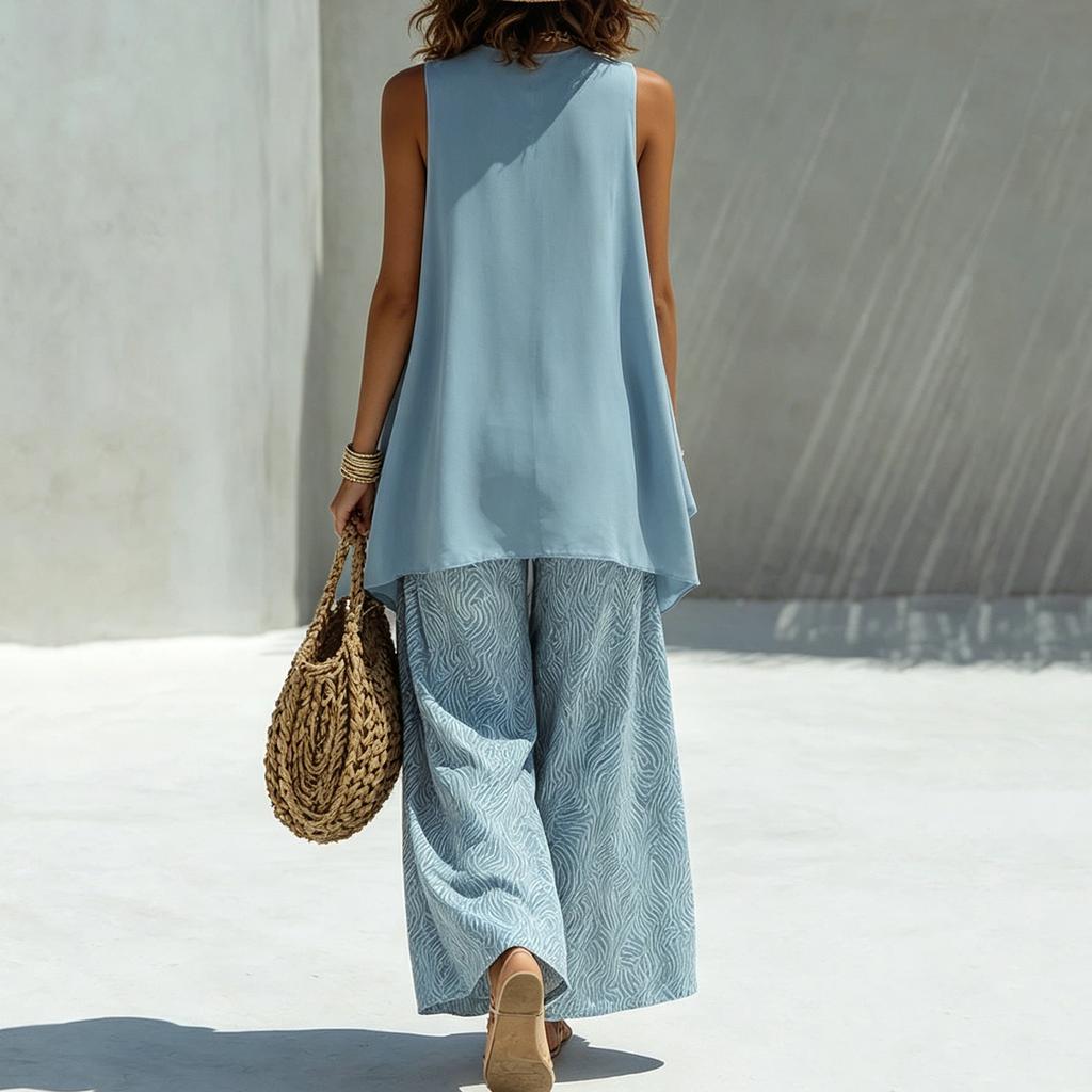 Completo Due Pezzi da Donna con Tunica Senza Maniche, Girocollo e Pantaloni a Gamba Larga, Leggero, Casual, per Estate e Primavera