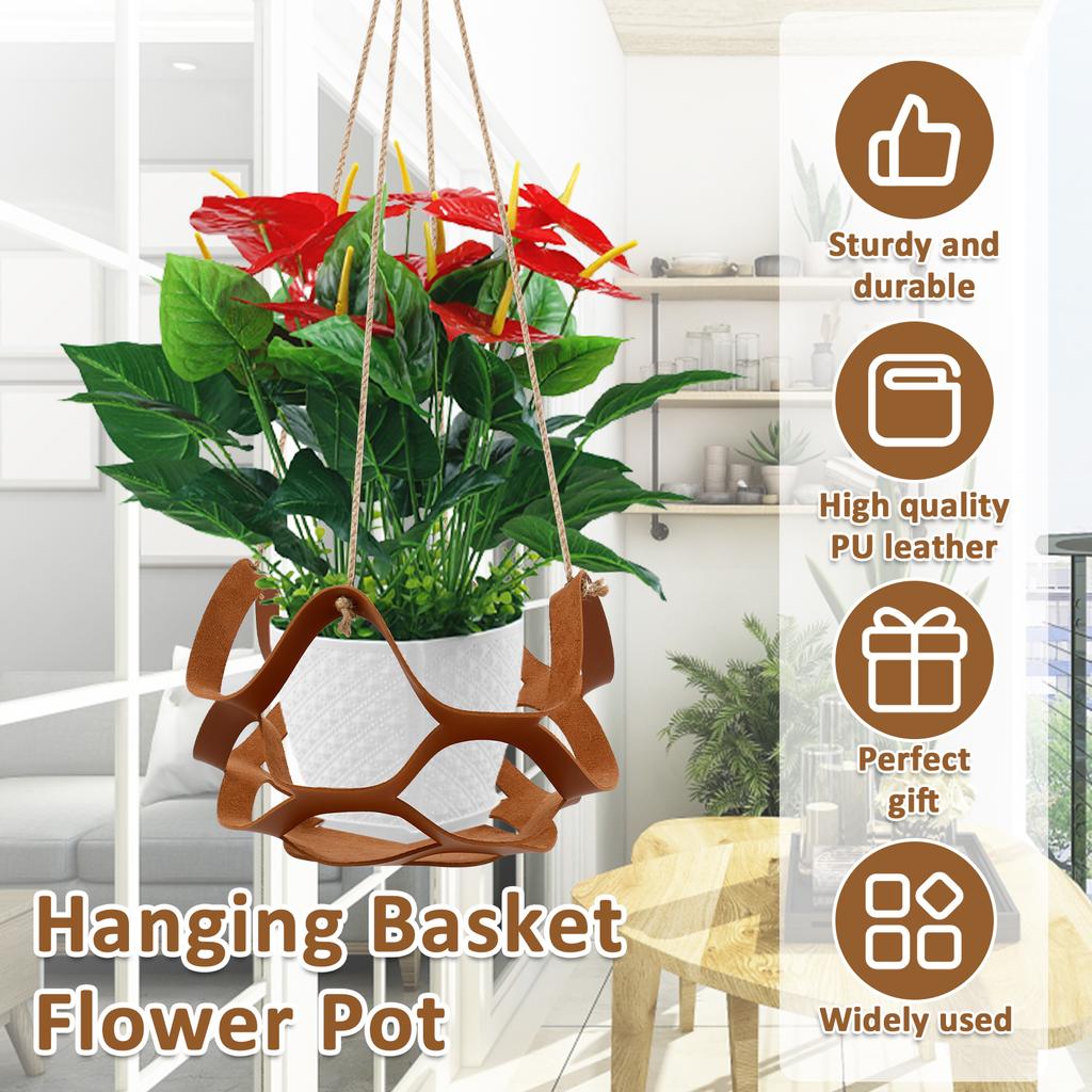 2Pcs Hanging Plant Basket PU Leather Indoor Outdoor Hanging Basket Flower Pot Holder 31CM and 22CM Decorative Flower Pot Stand