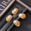 European Geometric Hexagon Stud Earrings with Imitation Pearl in 18K Gold Plated Titanium Steel