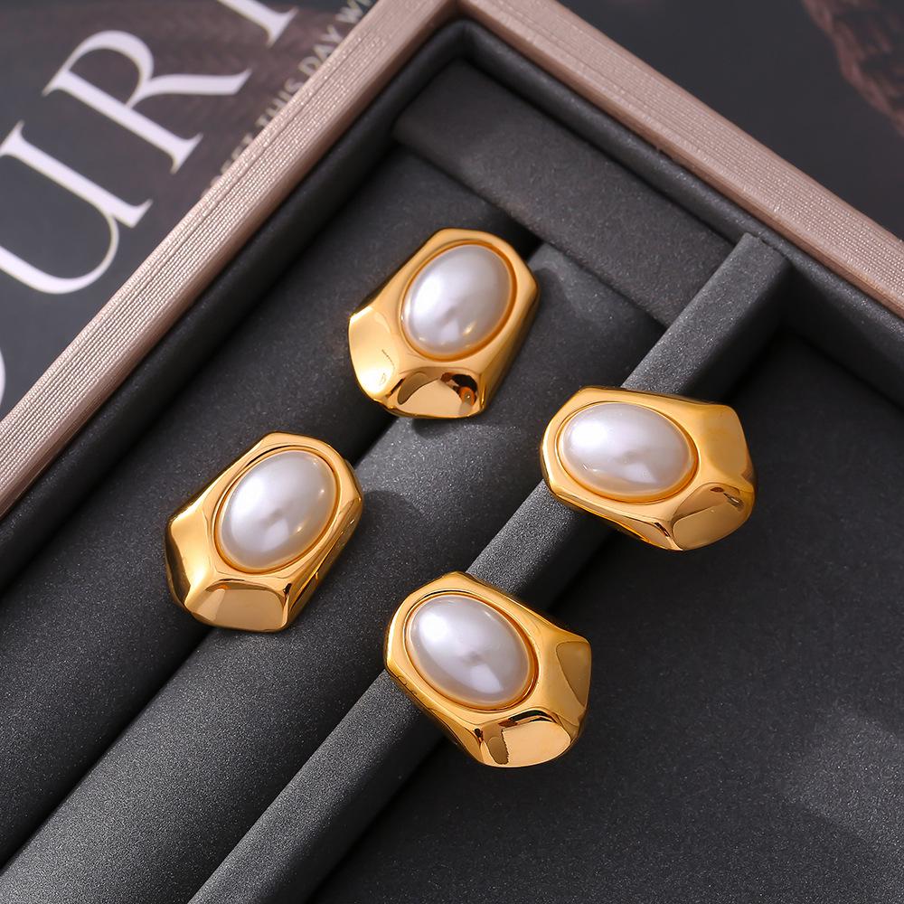 European Geometric Hexagon Stud Earrings with Imitation Pearl in 18K Gold Plated Titanium Steel